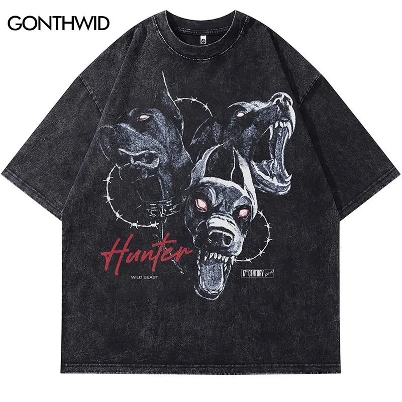 

Hip Hop Black T-Shirt Doberman Beast Dog Graphic Print Washed Streetwear Tshirt 2024 Men Harajuku Punk Gothic Shirts Tops Tee