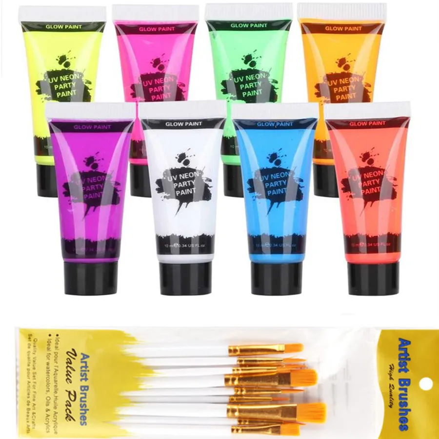 

8pcs 10g Body face Paint Fluorescent Party Halloween eye makeup Cosplay football face shied color UV Glow Paint kit wholesale