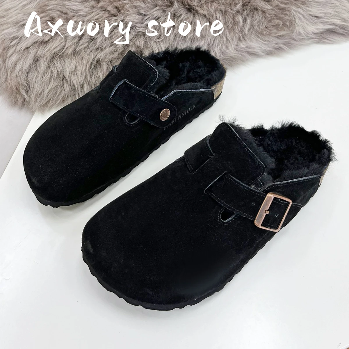 

New Women Slippers Metal Buckle Flat Shoes Woman Round Toe Casual Winter Wool Slides Walk Loafers