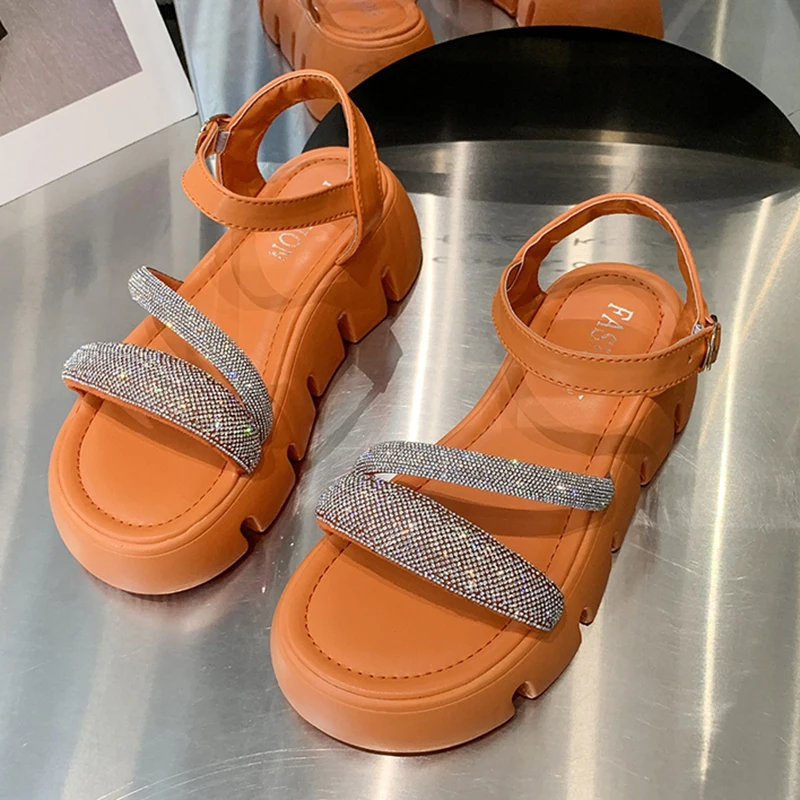 Rimocy Bling Crystal Chunky Sandals Women Summer Ankle Strap Thick Bottom Platform Sandals Woman 2022 New Non-slip Sandalias