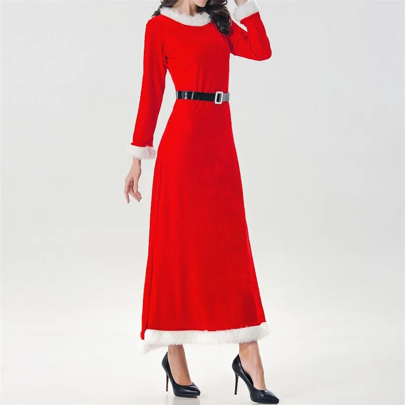 Women Christmas Costume Mrs Claus Cosplay Dress Velvet Trim Patchwork Long Dress Party Costume with Belt Santa Hat and Gloves