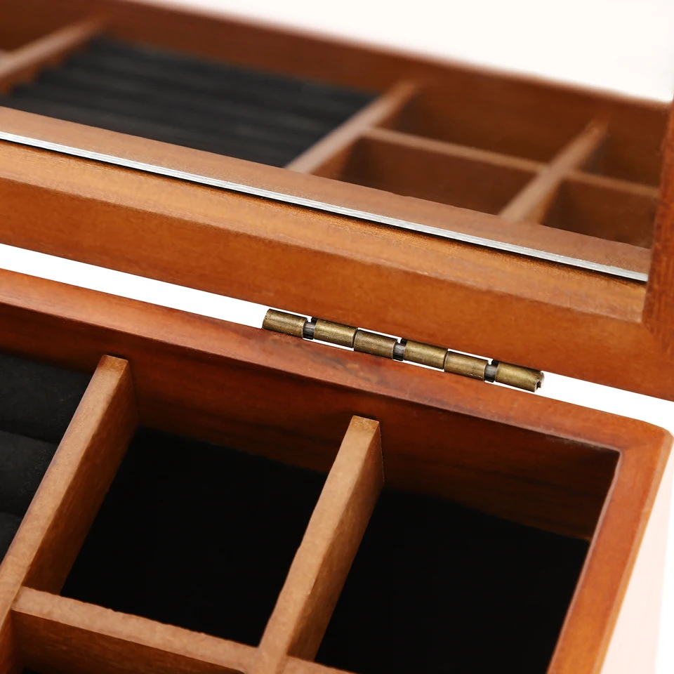 Large Vintage Brown Wooden Jewelry Box with Mirror