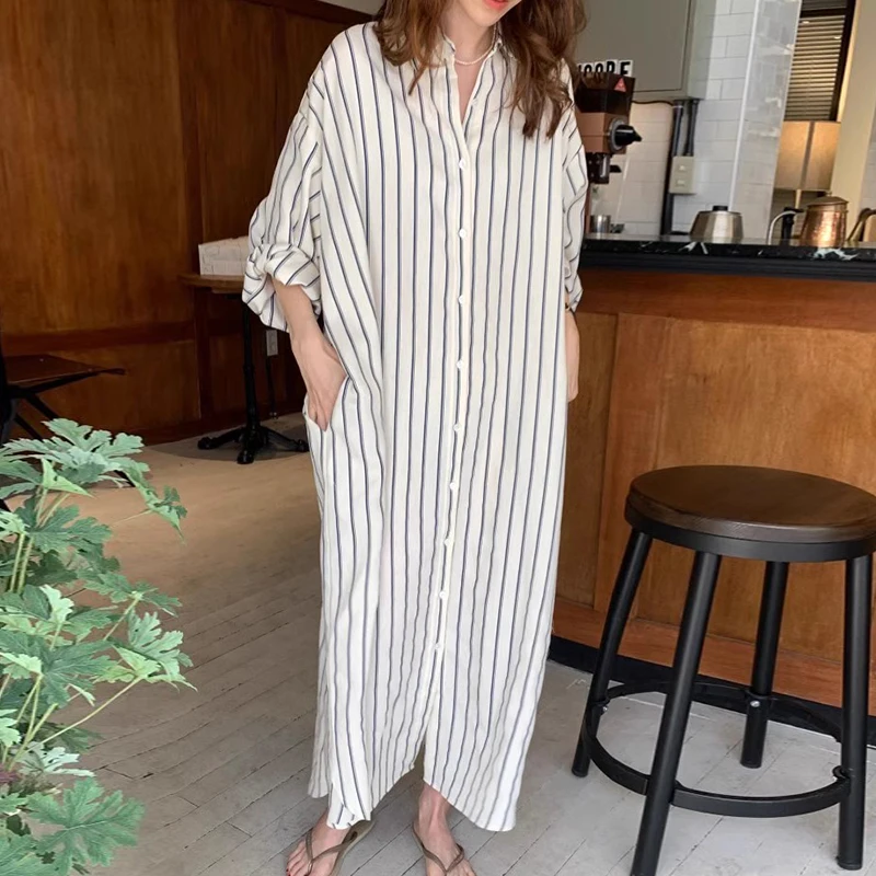 

SuperAen 2024 Korean Chic Style Spring Lapel Single Breasted Loose Casual Long Sleeved Striped Shirt Dress