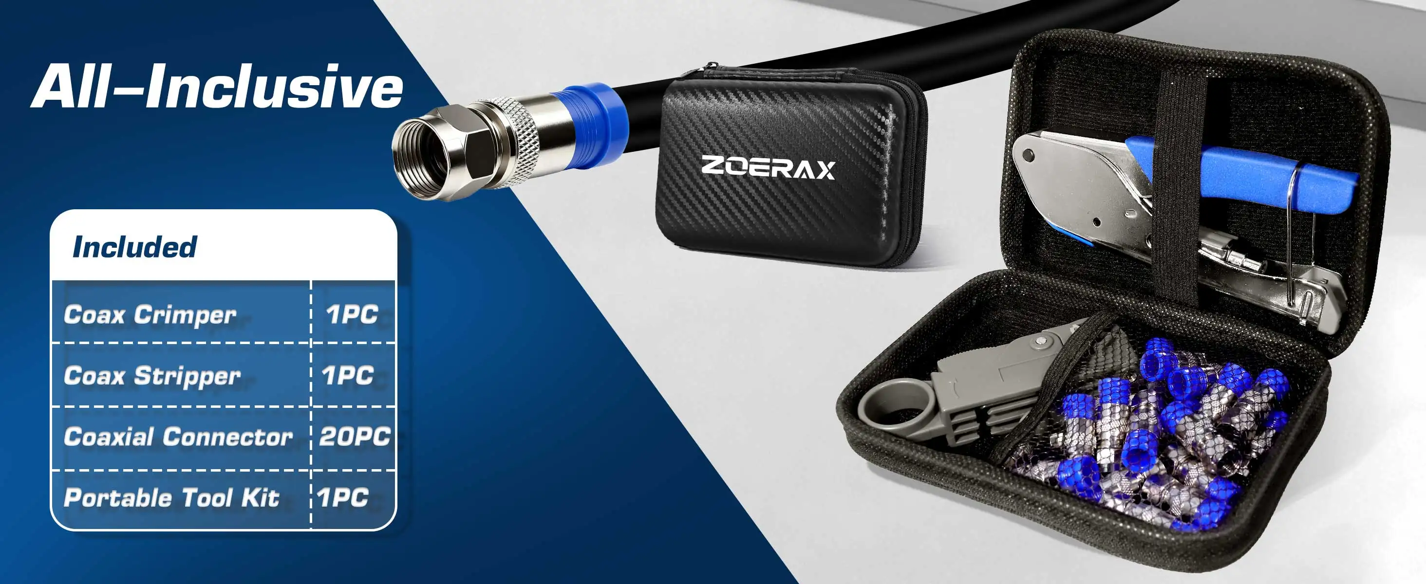 ZoeRax Koaxial-Kompressionswerkzeug-Set, Koaxialkabel-Crimper-Zange mit 20 RG6 F-Steckern, Koaxialkabel-Abisolierwerkzeug – Detail 2