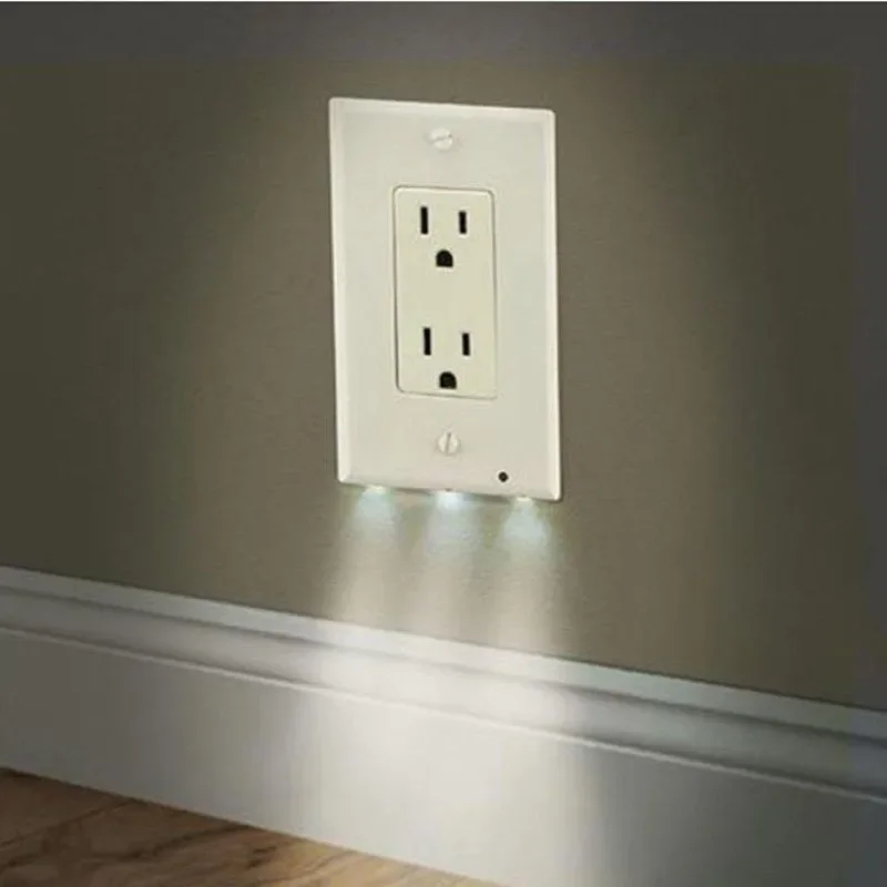 Duplex Electrical Outlet Modern Plugboard Plug-In Electrical Receptacle Wall Plate with LED Night Lights-Auto On/Off Sensor Wall Touch Switch Socket