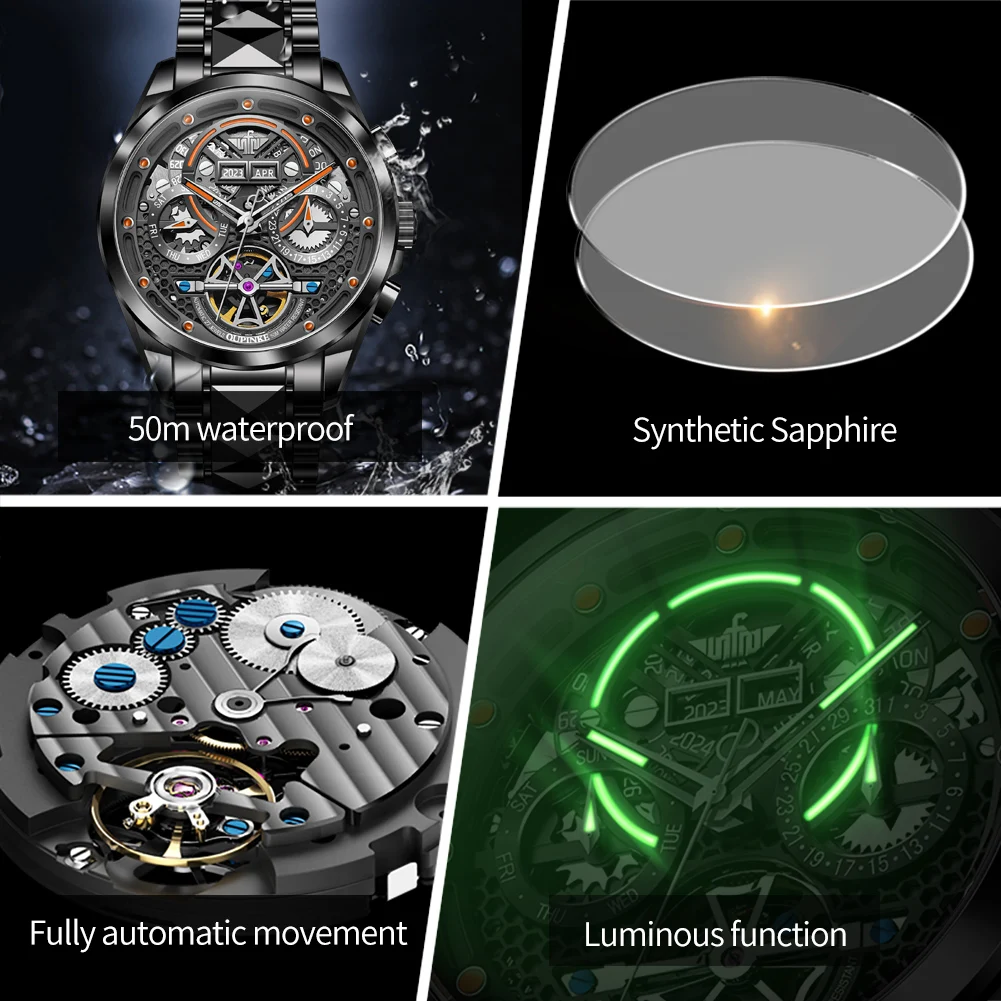 OUPINKE Multi-level Design Automatic Watches Mens Swiss Brand Sapphire Mirror Tungsten Calendar Waterproof Luminous Luxury