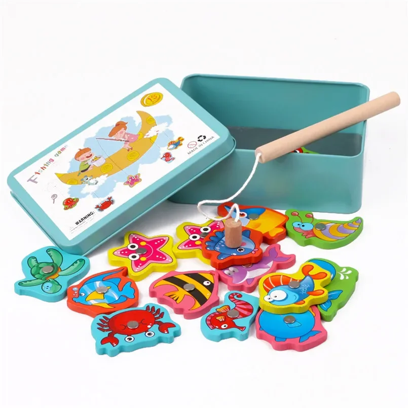 Montessori wooden magnetic fishing toys marine life cognition fish games early educational toy for kids parent-child interactive educational toys fishing toys fishing game