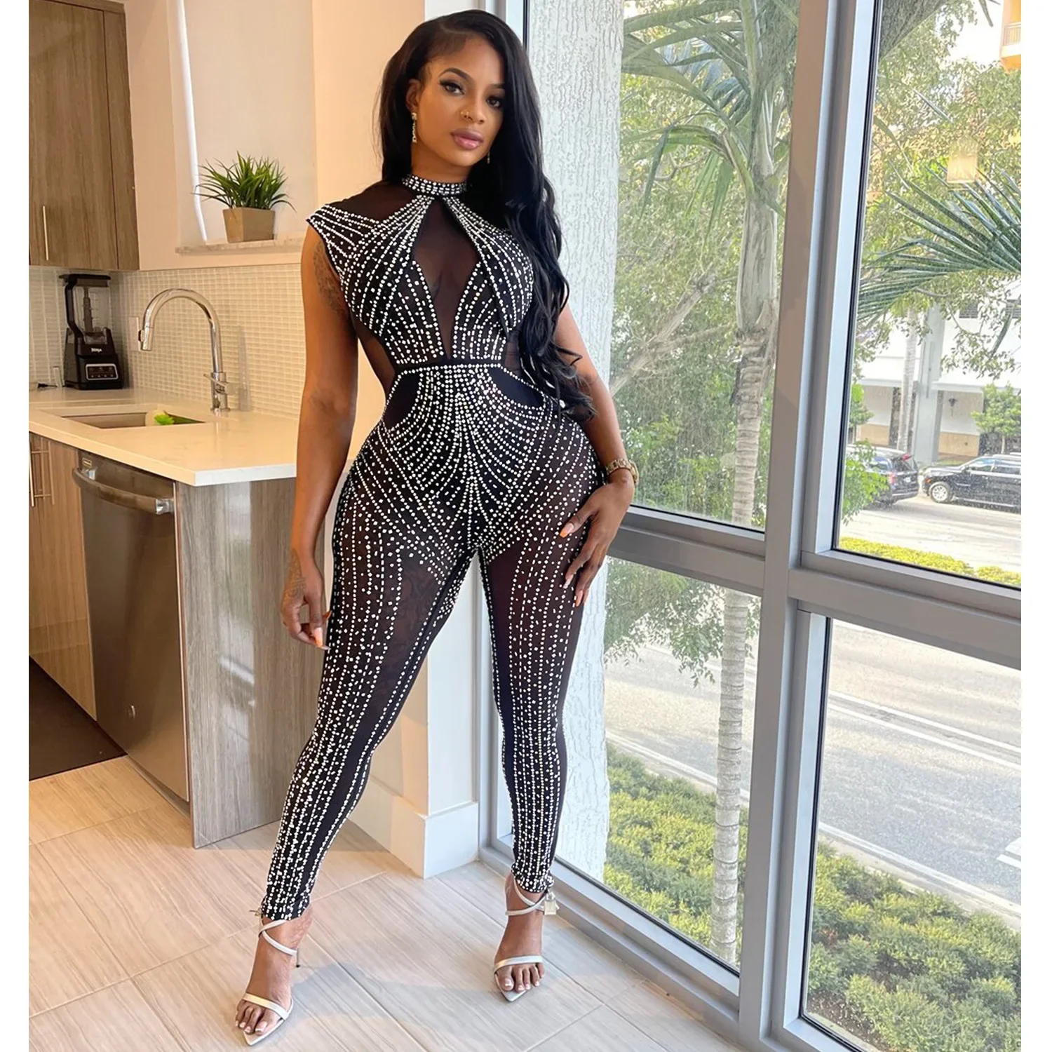 

2023 Sexy Rhinestone Hollow Out Party Club One Piece Clubwear Women Black Mesh See Though Diamonds Sleeveless Long Jumpsuit