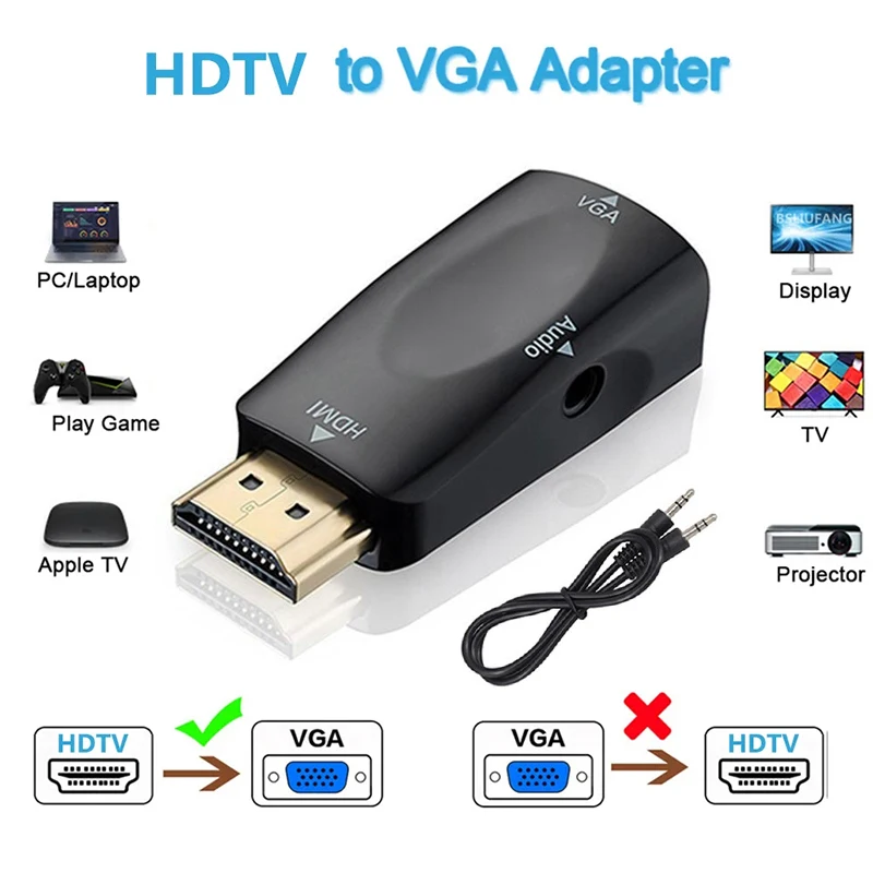 HDMI to VGA Adapter Cable HDMI-compatible to VGA Cable Converter Male to Female Adapter 3.5mm Jack Audio Cable for PS4 TV Box PC Laptops Display Projector