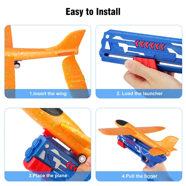 Airplane Launcher Toy, Foam Throwing Glider Plane with Catapult Gun, Outdoor Garden Interactive Shooting Game Birthday Present 3