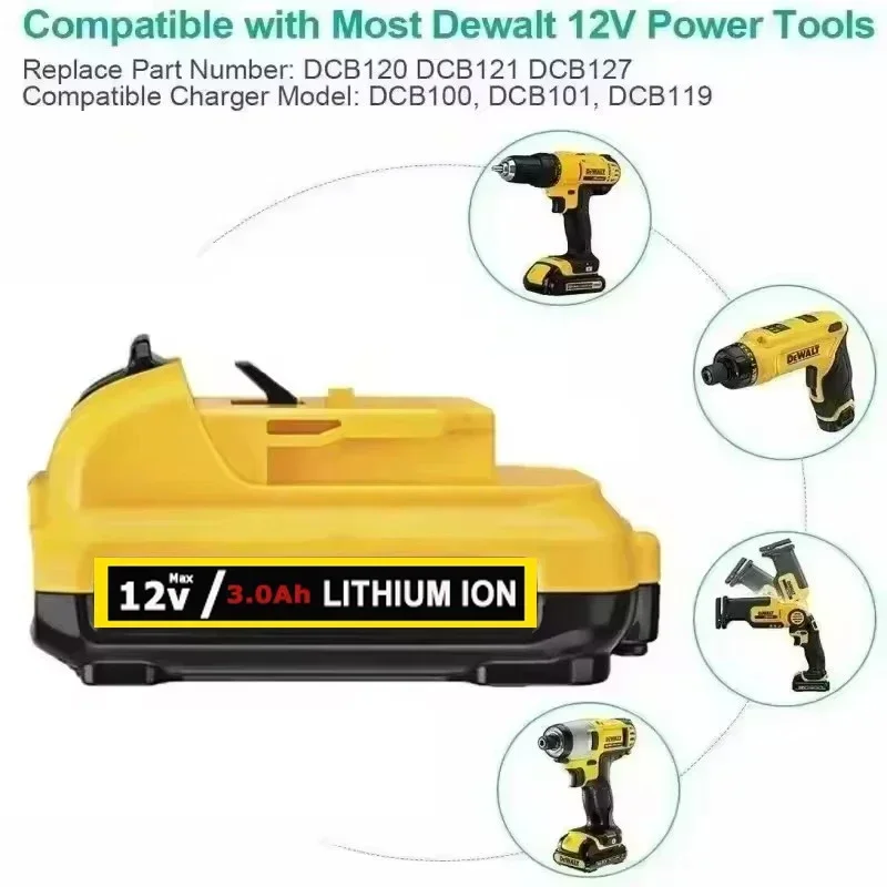 Replacement for Dewalt DCB120 Lithium-ion Batteries 12V 3Ah Battery DCB124 DCB121 DCB123 DCB127 DCD710 Power Tools Battery 5