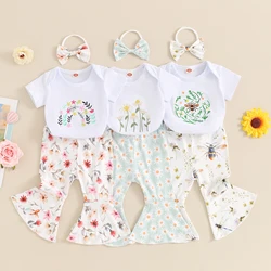 FOCUSNORM 0-18M 3pcs Lovely Baby Girls Boys Clothes Set Short Sleeve Letter Print Romper Flowers Pattern Flare Pants Headband