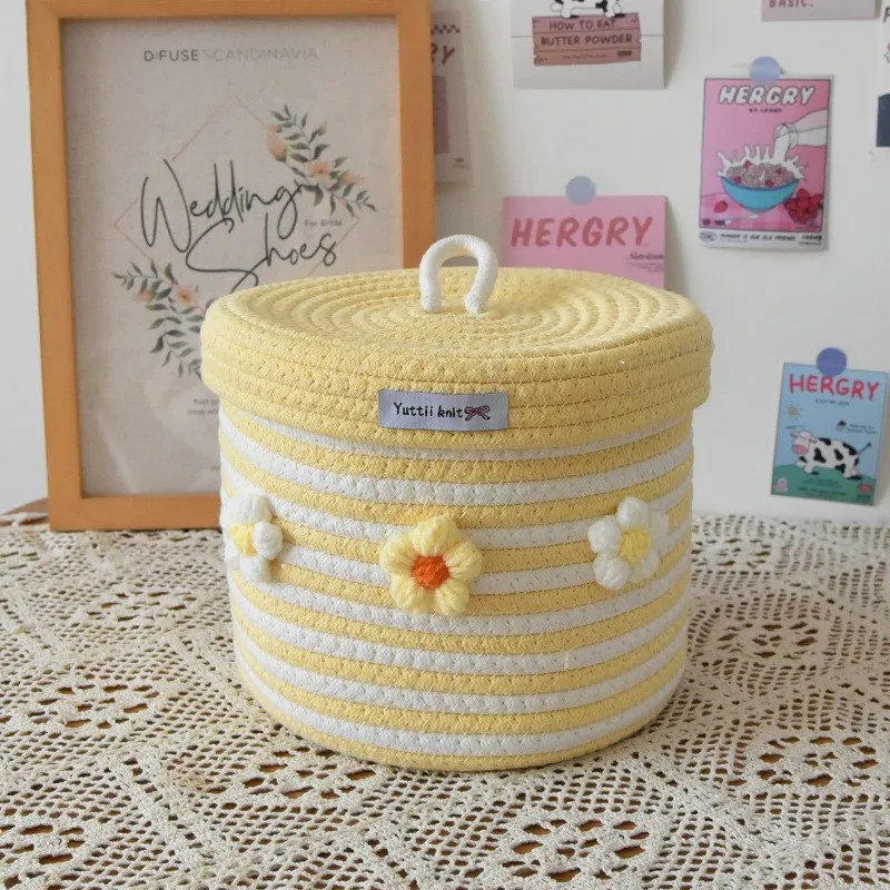 Cotton Tead Woven Storage Basket Cute Cartoon Design Covered Home Use Basket for Women Versatile Organizer for Various Items