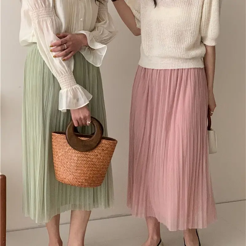 

Женская длинная юбка, новая летняя однотонная сетчатая двухсторонняя одежда, универсальные винтажные трапециевидные юбки в Корейском стиле, 2023