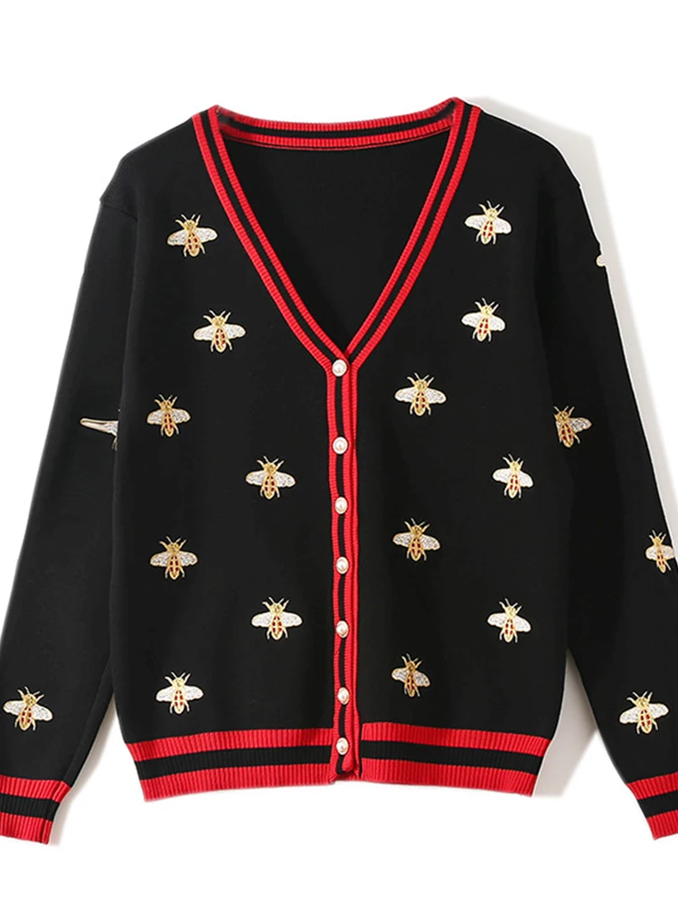 

High Quality Fashion Designer Bee Embroidery Cardigan Long Sleeve Single Breasted Contrast Color Button Knitted Sweater
