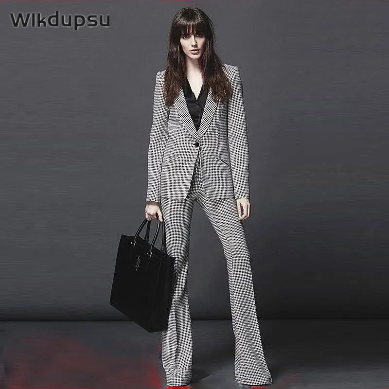 

Vintage Plaid Blazer Long Sleeve Suit Jacket Flare Pants Suit Two Piece Set Autumn Winter Runway Designer Women Office Workwear