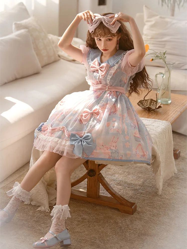 

Kawaii Sweet Lolita Op Short Sleeve Summer Dress Daily Wear Lolitas Cherry Candy Print Bow Princess Renaissance Tea Party