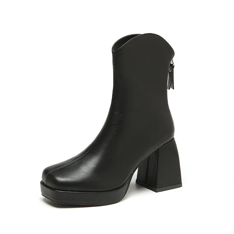 Women Boots Leather Square High Heel Ankle Boots Round Toe Winter Shoes Woman Warm Comfort Fashion Platform Zipper Boots Black