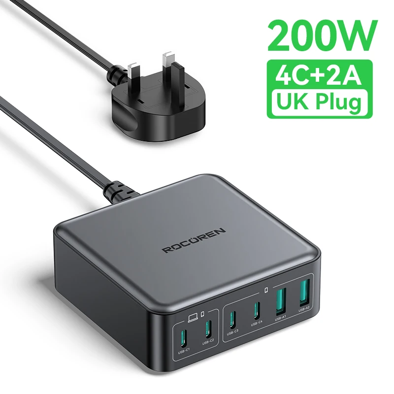 Rocoren 200W GaN 6-Port Desktop Fast Charging USB-C Charger