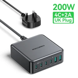 Rocoren 200W GaN 6 - Port Desktop Fast Charging USB - C Charger - UK Plug