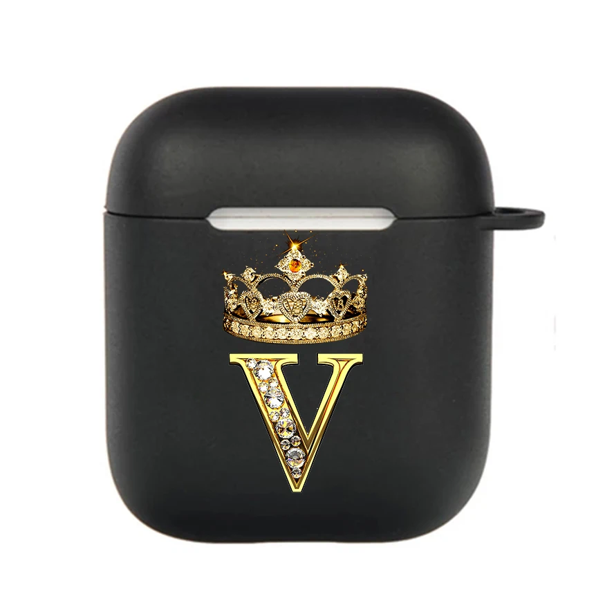 Diamond Crown Letter Hook Case - Black TPU Soft Earphone Cover