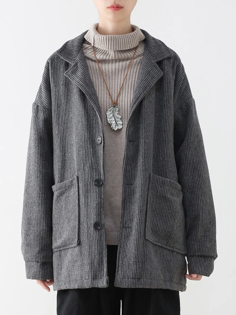 

Women Gray Stripe Corduroy Thicken Loose Fashion Blazer Coat Winter Ladies Female Long Sleeve Single Breasted Casual Jacket Coat