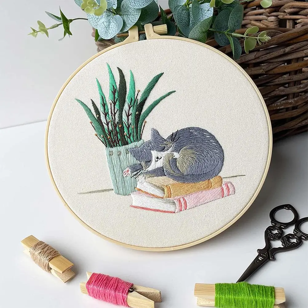 Diy Cat Embroidery Starter Kit Embroidery Hoops Threads Needles Cross Stitch Kits Beginners