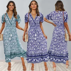Vestido de talla grande de primavera y verano 2022, vestido Retro estampado de rayón para playa, longitud media