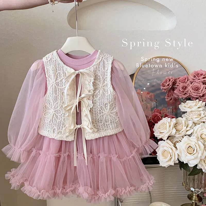 

Girl Trendy Mesh Spring and Autumn Dress Suit Baby Girl2024New Princess Skirt Spring ClothesChangx