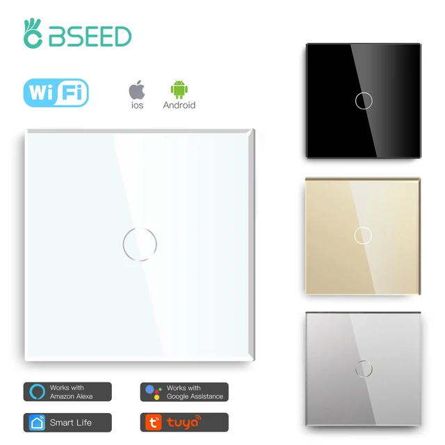 Bseed Smart EU UK 1 Gang 1Way Touch Wifi Light Switch Grey White Black Smart Switches Tuya Alexa Compatible Home Decoration