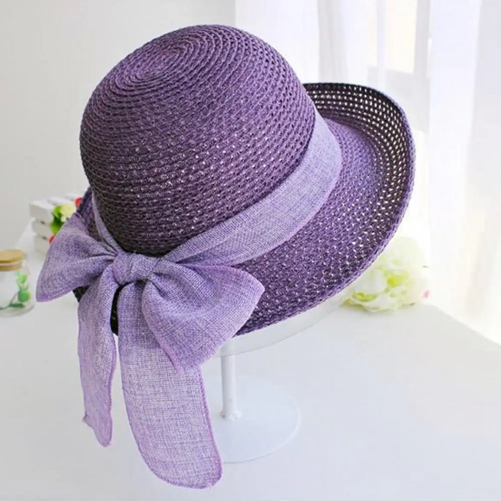 

Women's Summer Hat Beach Ribbon Bowknot Decor Straw Hat Round Dome Women Big Brim Sunscreen Straw Hat Woman Travel