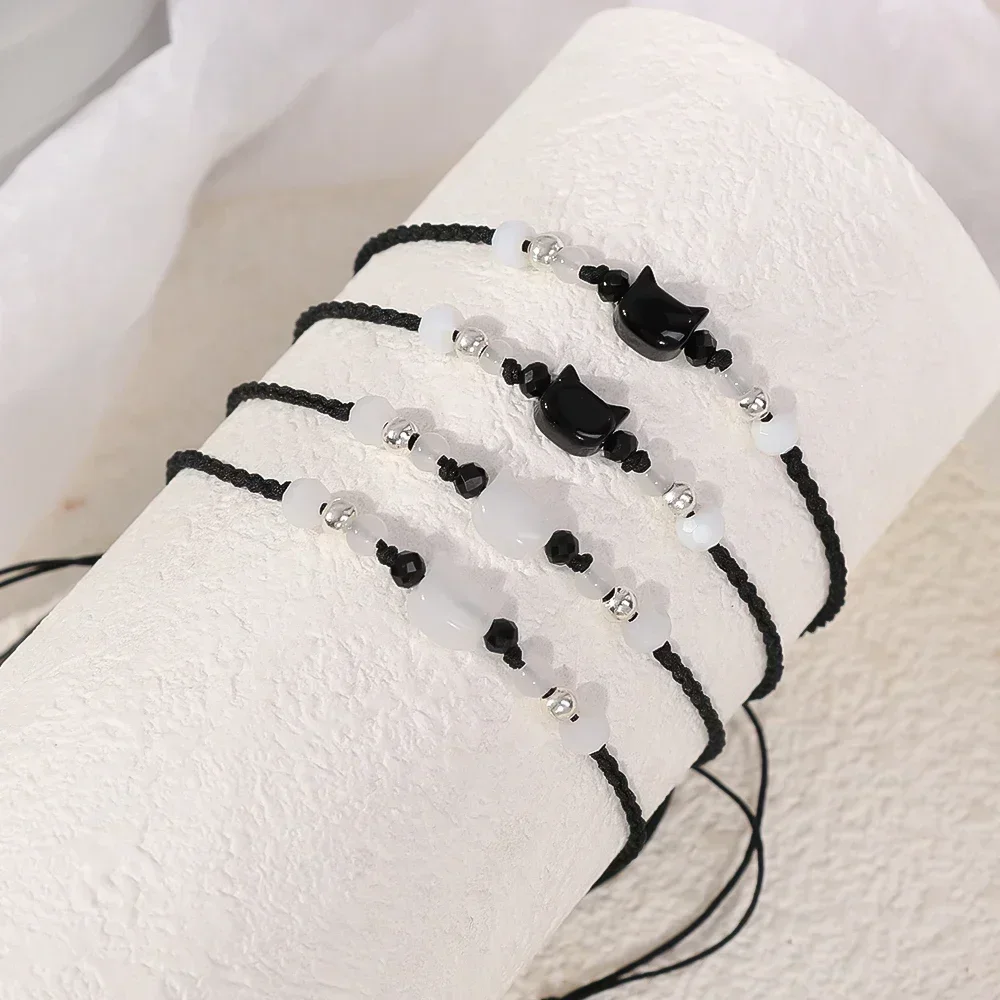 Couples Minimalist Bracelets - 2pcs Natural Moonstone Obsidian  Cat Jewelry Gifts