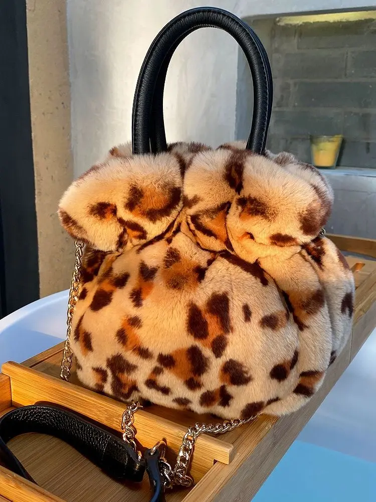 

Winter rex rabbit fur female bag portable fur real hair rabbit hair aslant leopard package bucket chain fashion