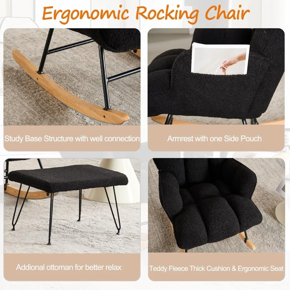 nursery glider rocking chair with ottoman, upholstered teddy glider rocker for nursery(2pcs/set), rocking reading black glider c