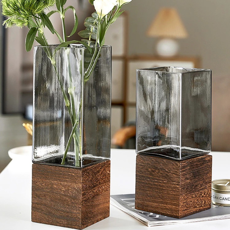 

Новинка, декоративная квадратная ваза из массива дерева в китайском стиле для гостиной, стеклянная прозрачная ваза для цветочной композиции