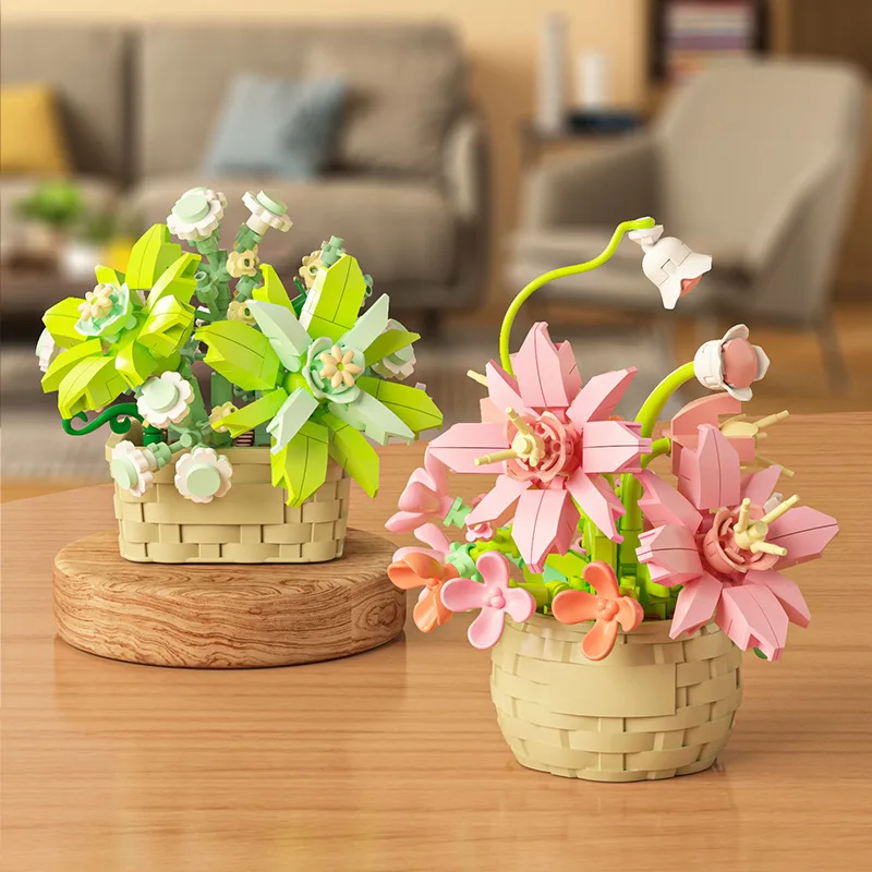 DIY MOC Potted Rose Sunflower Plants Succulents Bonsai Tree Gardens Romantic Building Blocks Model Bricks Kids Sets Kits Toys 2
