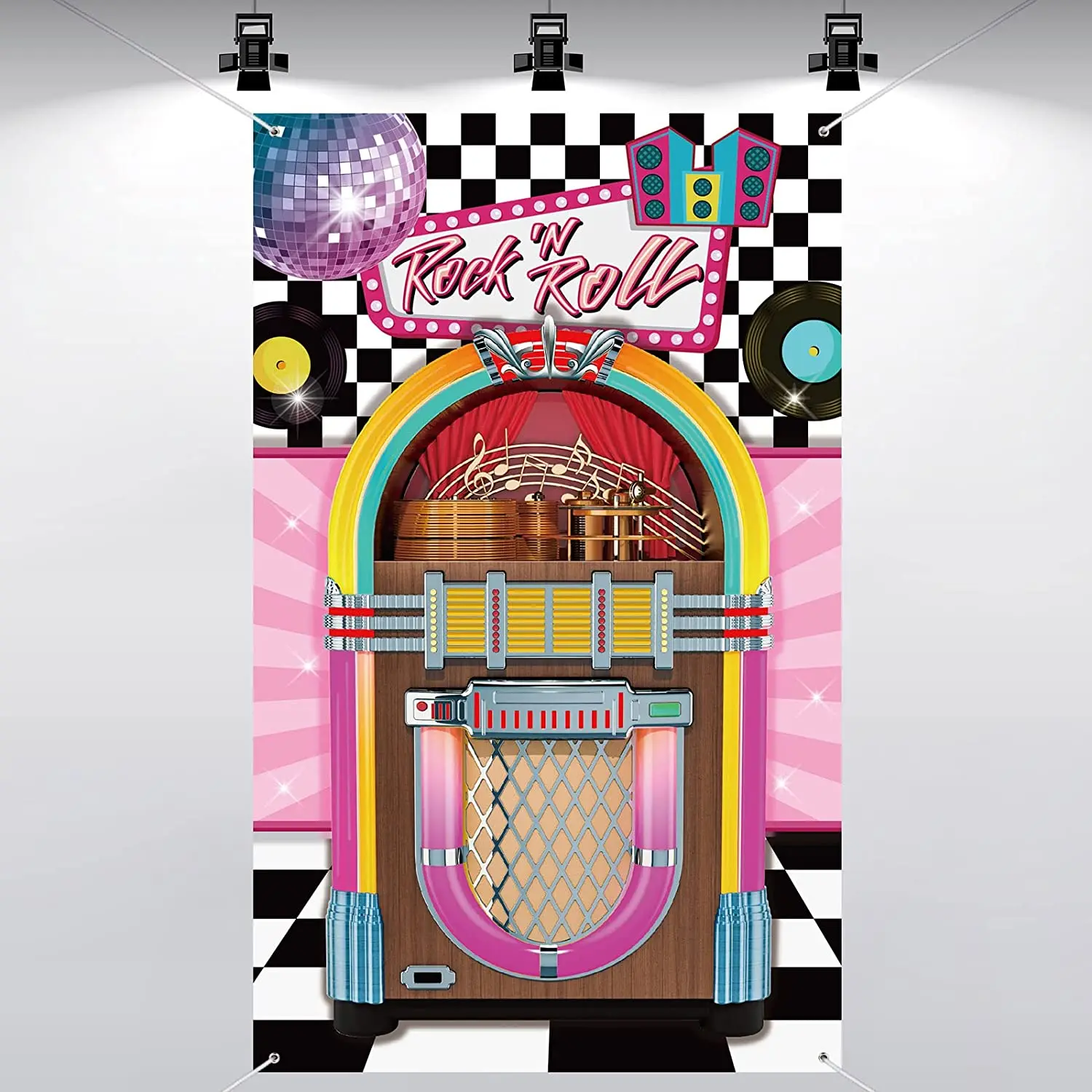 Jukebox Ritaglio Fotografia Sfondo 50'S Rock And Roll Banner Decorazione Festa Di Compleanno Baby Shower Sfondo Poster Forniture