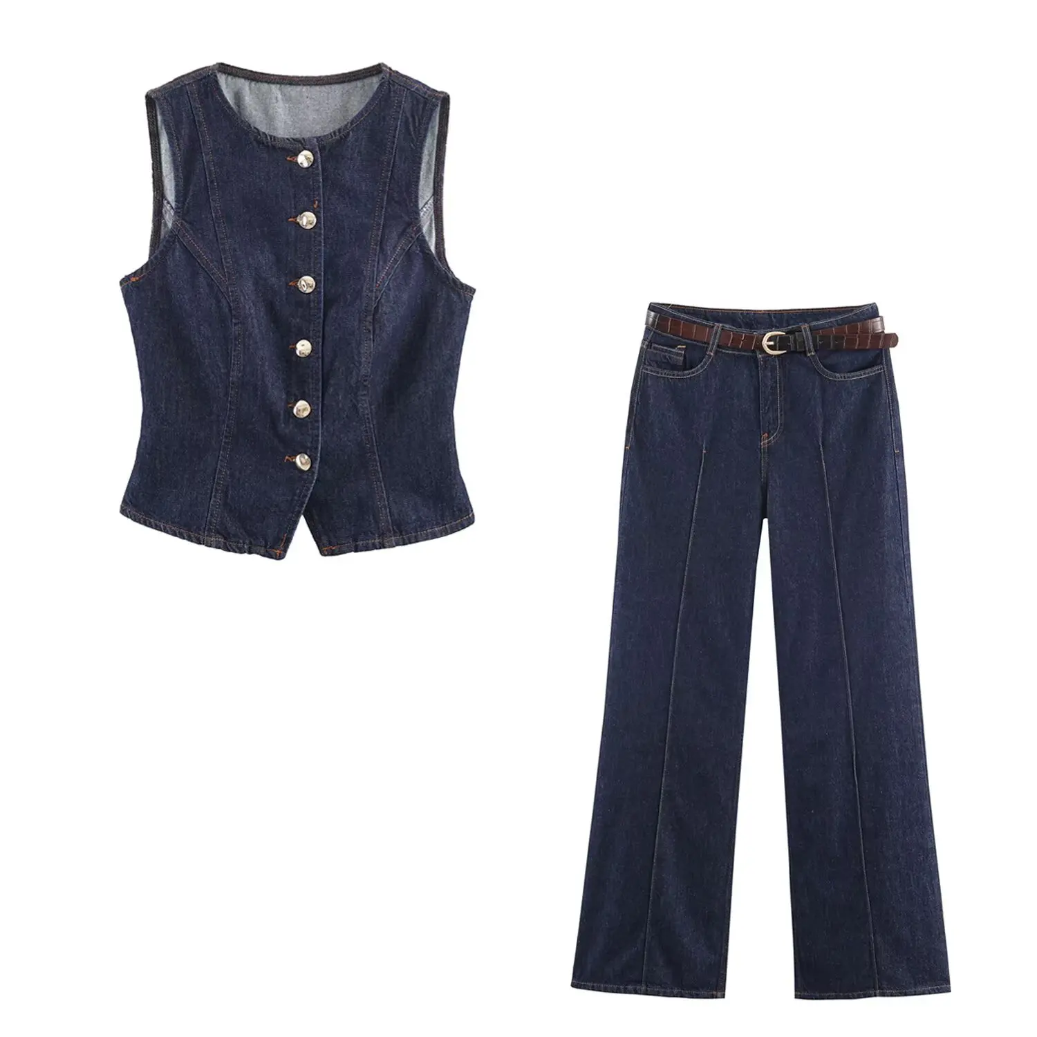 Women Straight Leg Pants Denim Pants Sets Or Female O-Neck Single Breasted Denim Vest Tops Or Lady High Waist Wide Leg Trousers