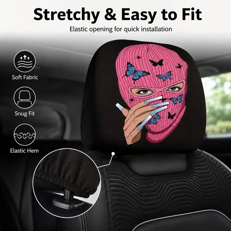 Pink Butterfly Mask Car Headrest Cover Universal Stretch Seat Protector Interior Decoration for Sedan SUV 11x10.2in Auto Decor
