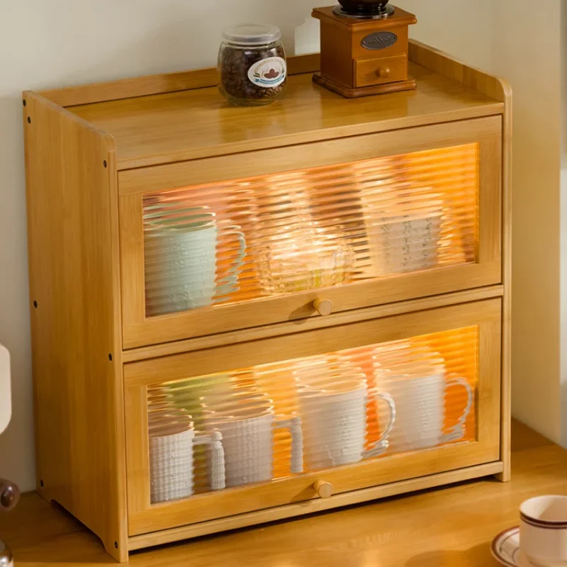 Natural Bamboo Storage Cabinets Dustproof Acrylic Doors Cup Holder Tea Set Display Kitchen Organizer Dining Room