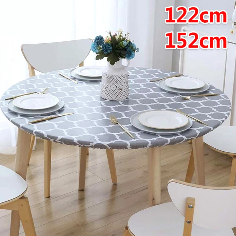 1pc Round Elastic Printed Waterproof Table Cover Non-slip Classic Pattern Fitted Table Cloth Home Kitchen Dining Room Decoration