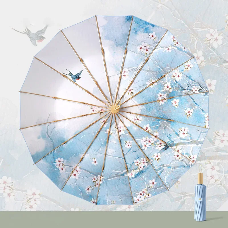 16 Ribs Umbrellas Chinese Sunny and Rainy UV Protection Umbrella Bamboo Patten Women Folding Rain Umbrella Parasol Lady Paraguas