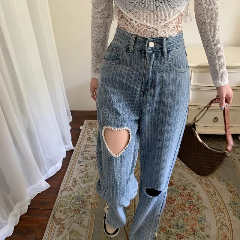 

Broken Hole Love Thin Jeans Women 2021 High Waist Split Flared Pants Loose Straight Wide Leg Long Pants