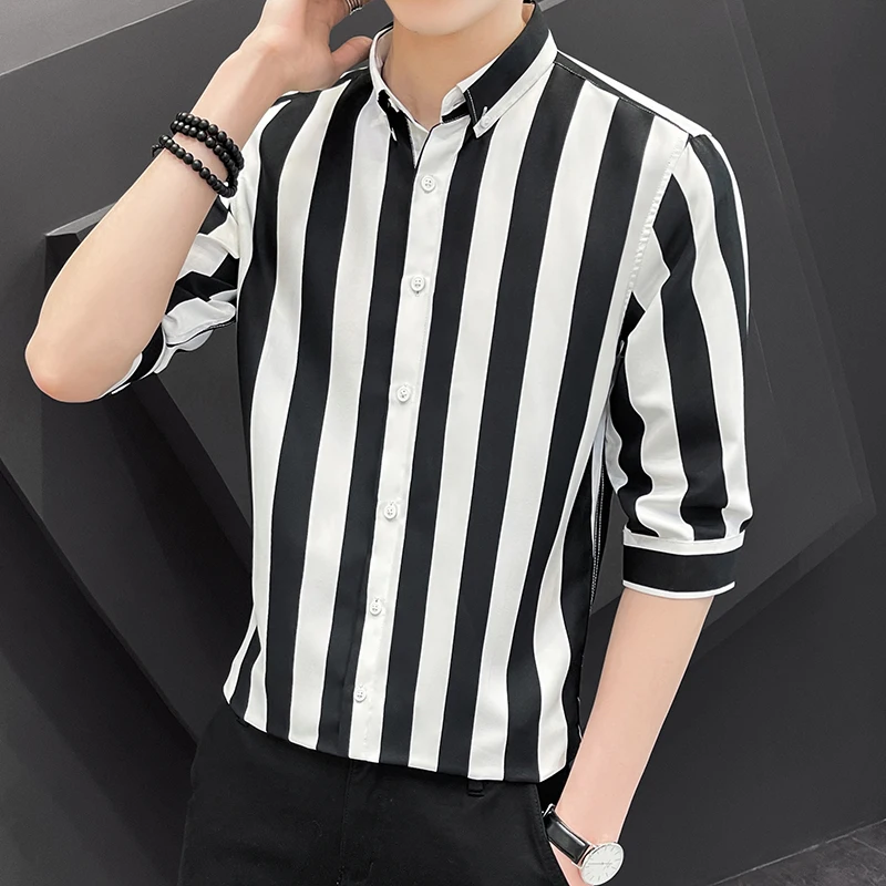 

Мужская Повседневная рубашка в черно-белую полоску, с рукавом до локтя