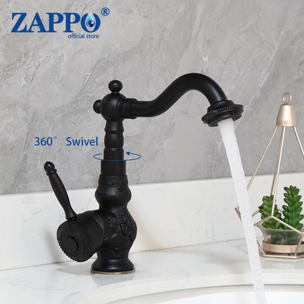 

ZAPPO Black Basin Sink Faucet Brass 360 Swivel Spout Single Lever Faucets Hot and Cold Water Mixer Lavotory Deck Mounted Tap