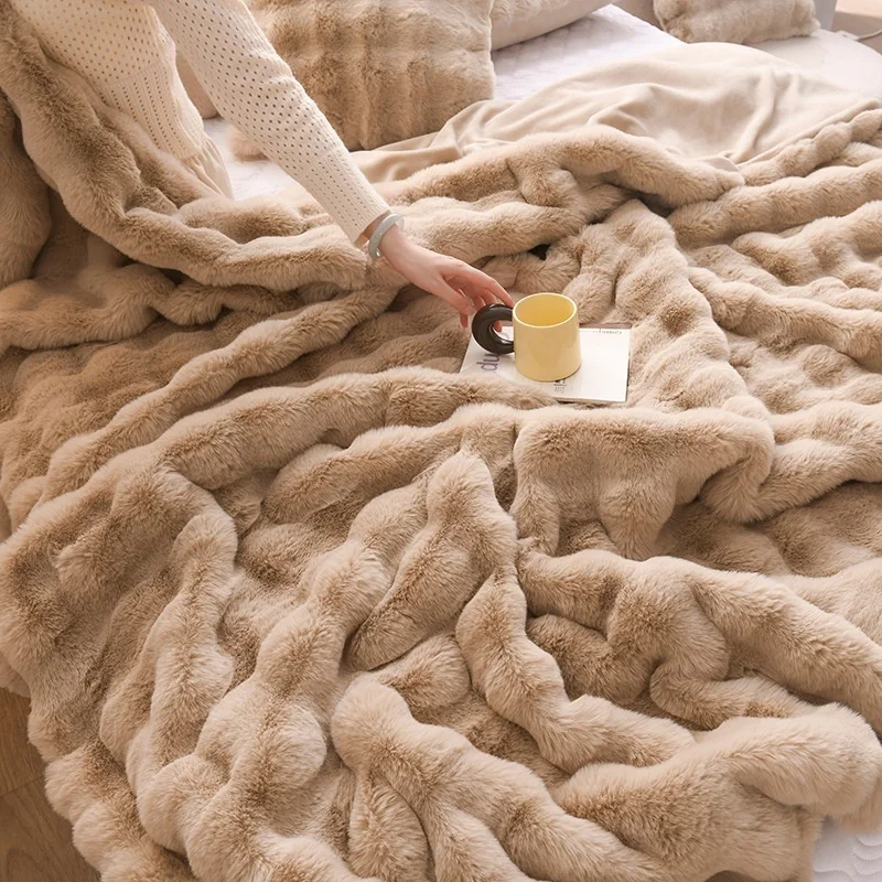 Winter light luxury rabbit plush blanket thickened double-sided velvet throw blanket plush nap blank 5