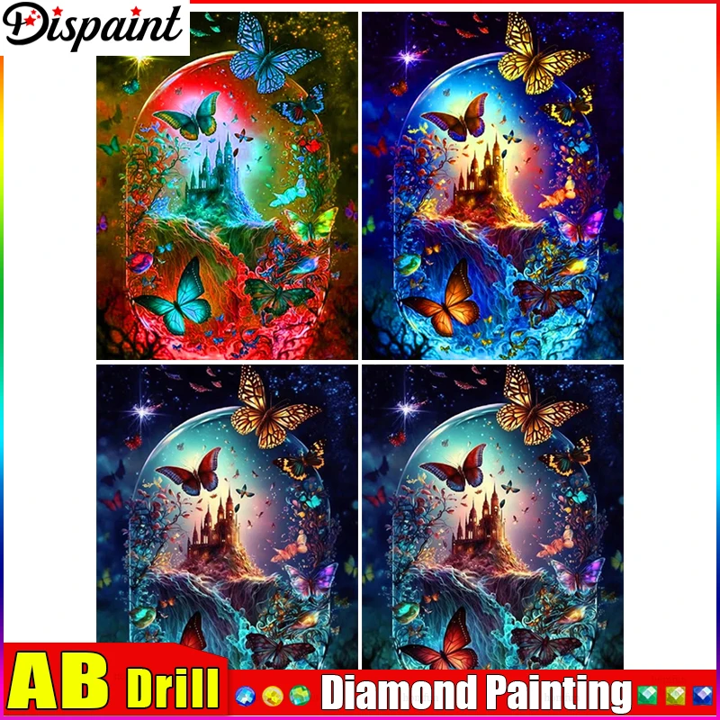 Алмазная 5D Вышивка Dispaint AB «Замок-бабочка», полноразмерная/круглая вышивка, домашний декор «сделай сам», вышивка крестиком