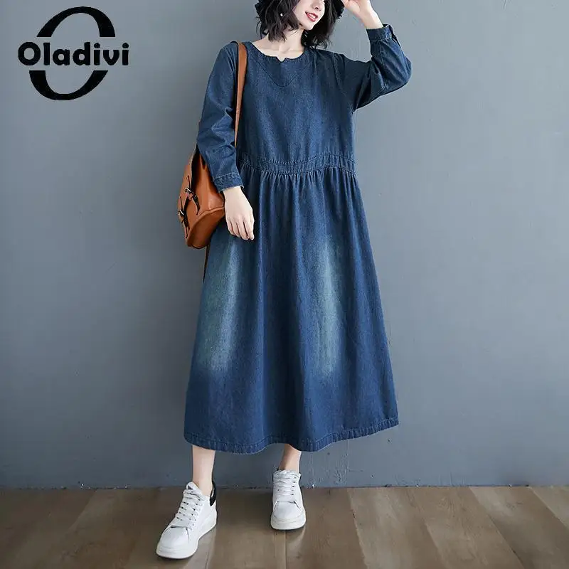 

Oladivi Large Size Women Long Sleeve Denim Dress 2023 Summer New Casual Loose Jean Dresses Vintage Ladies Oversized Clothing 308