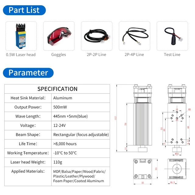 500mW 405NM 12V Blue Violet Laser Module Adjustable Focal Laser Head With TTL PWM Control With Goggles For Laser Engraver 5