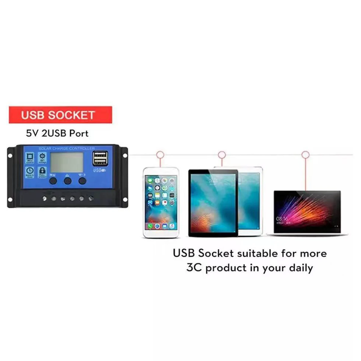 30A/20A/10A 12V 24V Auto Solar Charge Controller PWM LCD Dual USB 5V Output